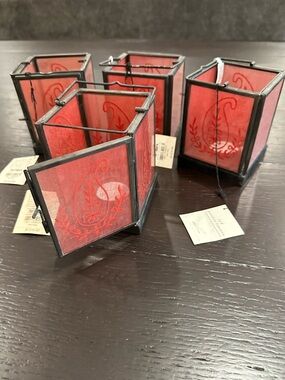 Pier 1 Red Embroidered Glass Tea Light Lanterns - Set of 4